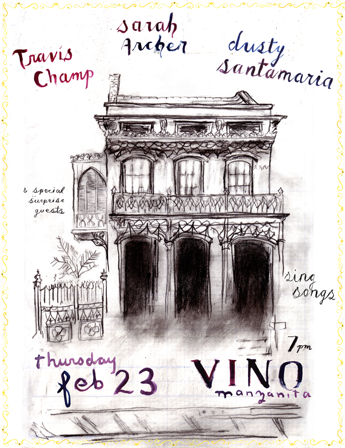 feb23_small travis champ sarah archer dusty santamaria and special surprise guests sing songs feb 23rd at vino manzanita